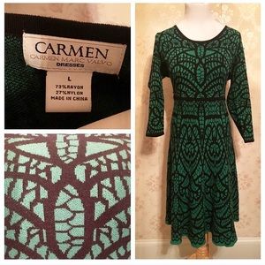 Carmen Marc Valvo Green and Black Sweater Dress